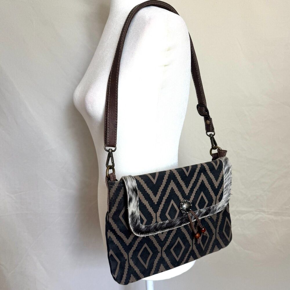 Myra Bag shoulder bag black cotton leather geometric faux fur flap boho western